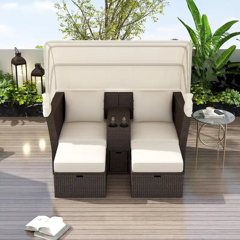 Ensemble causeuse de jardin convertible avec pare-soleil rétractable, porte-gobelets, coffres de rangement, coussins déperlants