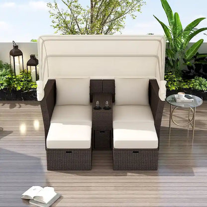 Ensemble causeuse de jardin convertible avec pare-soleil rétractable, porte-gobelets, coffres de rangement, coussins déperlants