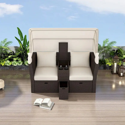 Ensemble causeuse de jardin convertible avec pare-soleil rétractable, porte-gobelets, coffres de rangement, coussins déperlants
