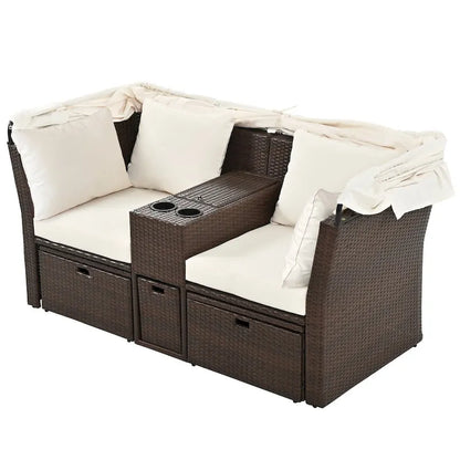 Ensemble causeuse de jardin convertible avec pare-soleil rétractable, porte-gobelets, coffres de rangement, coussins déperlants