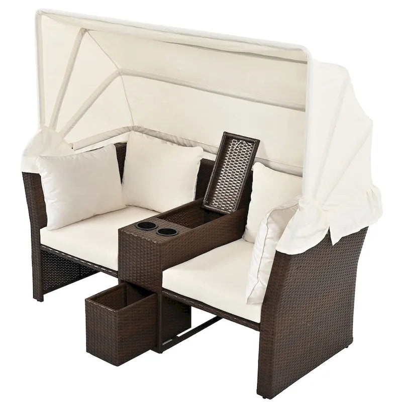 Ensemble causeuse de jardin convertible avec pare-soleil rétractable, porte-gobelets, coffres de rangement, coussins déperlants