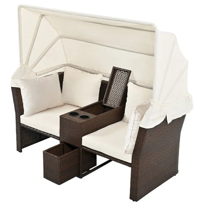 Ensemble causeuse de jardin convertible avec pare-soleil rétractable, porte-gobelets, coffres de rangement, coussins déperlants