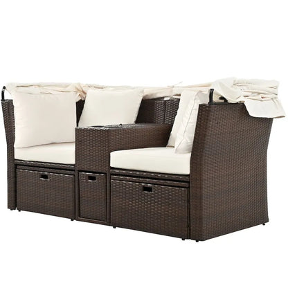Ensemble causeuse de jardin convertible avec pare-soleil rétractable, porte-gobelets, coffres de rangement, coussins déperlants