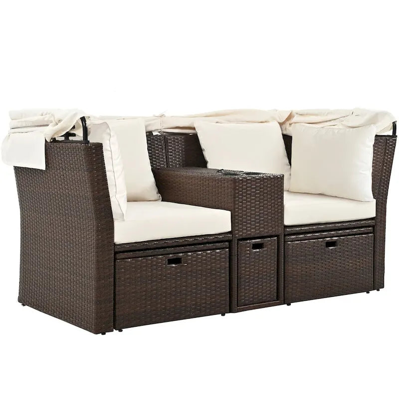 Ensemble causeuse de jardin convertible avec pare-soleil rétractable, porte-gobelets, coffres de rangement, coussins déperlants
