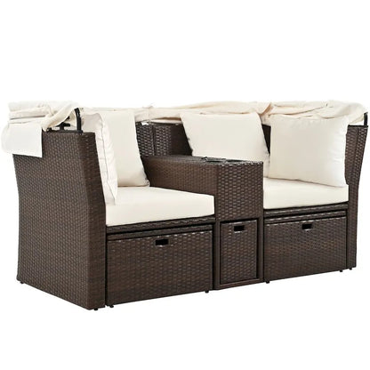 Ensemble causeuse de jardin convertible avec pare-soleil rétractable, porte-gobelets, coffres de rangement, coussins déperlants