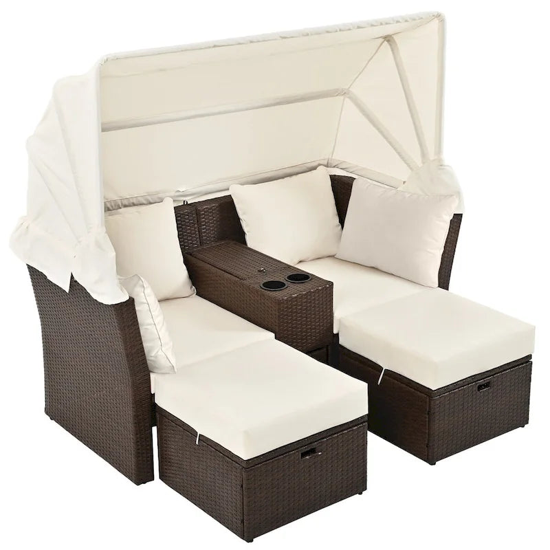 Ensemble causeuse de jardin convertible avec pare-soleil rétractable, porte-gobelets, coffres de rangement, coussins déperlants