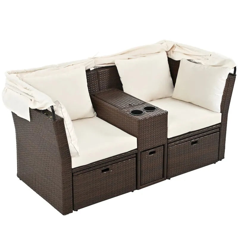 Ensemble causeuse de jardin convertible avec pare-soleil rétractable, porte-gobelets, coffres de rangement, coussins déperlants