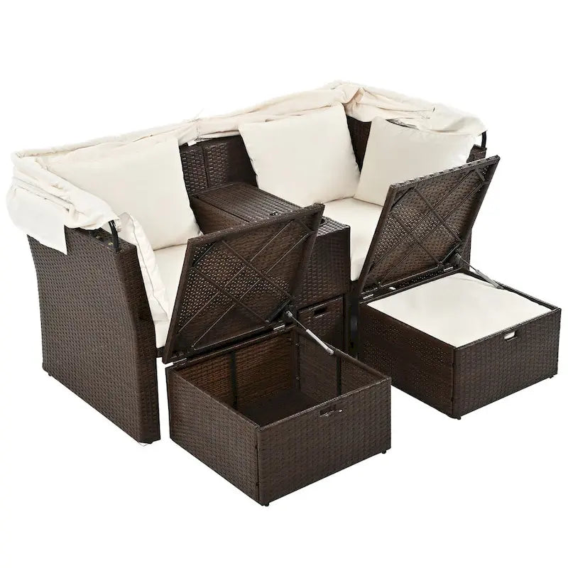 Ensemble causeuse de jardin convertible avec pare-soleil rétractable, porte-gobelets, coffres de rangement, coussins déperlants