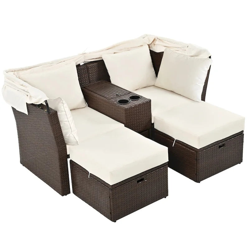 Ensemble causeuse de jardin convertible avec pare-soleil rétractable, porte-gobelets, coffres de rangement, coussins déperlants