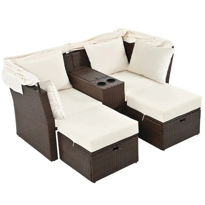 Ensemble causeuse de jardin convertible avec pare-soleil rétractable, porte-gobelets, coffres de rangement, coussins déperlants