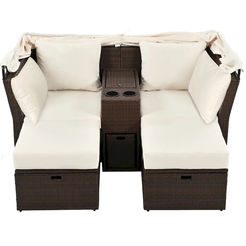 Ensemble causeuse de jardin convertible avec pare-soleil rétractable, porte-gobelets, coffres de rangement, coussins déperlants