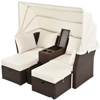Ensemble causeuse de jardin convertible avec pare-soleil rétractable, porte-gobelets, coffres de rangement, coussins déperlants