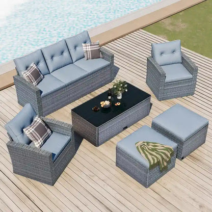 Ensemble de canapés de conversation d'extérieur sectionnels en rotin PE tressé résistant aux intempéries, 6 pièces, avec table basse et coussins
