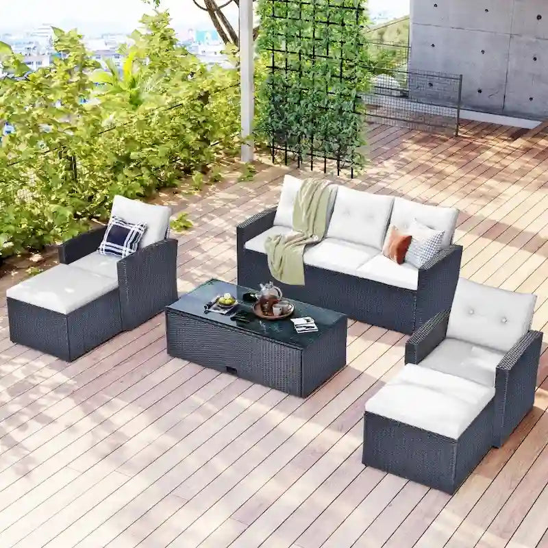Ensemble de canapés de conversation d'extérieur sectionnels en rotin PE tressé résistant aux intempéries, 6 pièces, avec table basse et coussins