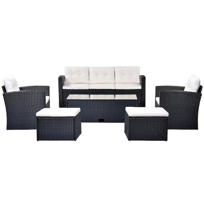 Ensemble de canapés de conversation d'extérieur sectionnels en rotin PE tressé résistant aux intempéries, 6 pièces, avec table basse et coussins