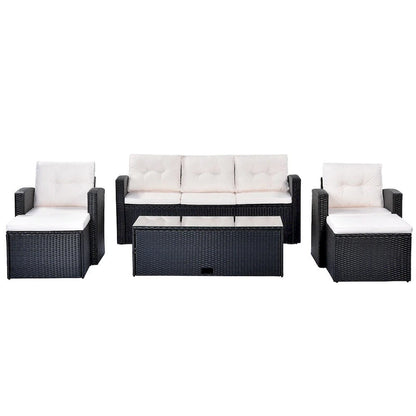 Ensemble de canapés de conversation d'extérieur sectionnels en rotin PE tressé résistant aux intempéries, 6 pièces, avec table basse et coussins