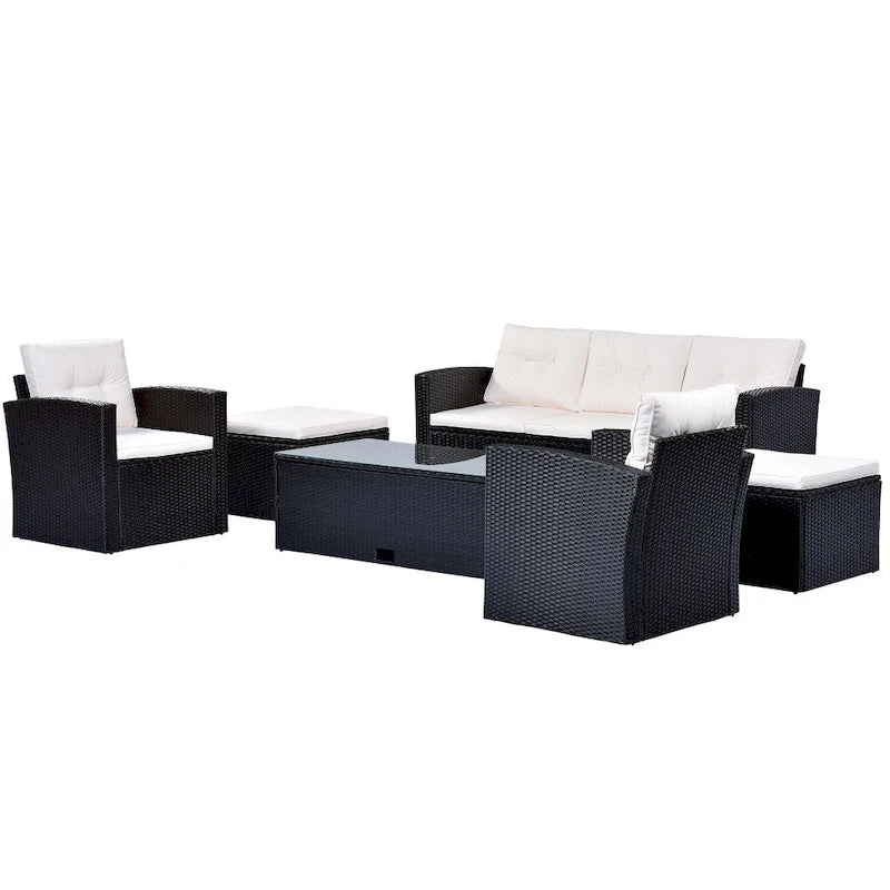 Ensemble de canapés de conversation d'extérieur sectionnels en rotin PE tressé résistant aux intempéries, 6 pièces, avec table basse et coussins