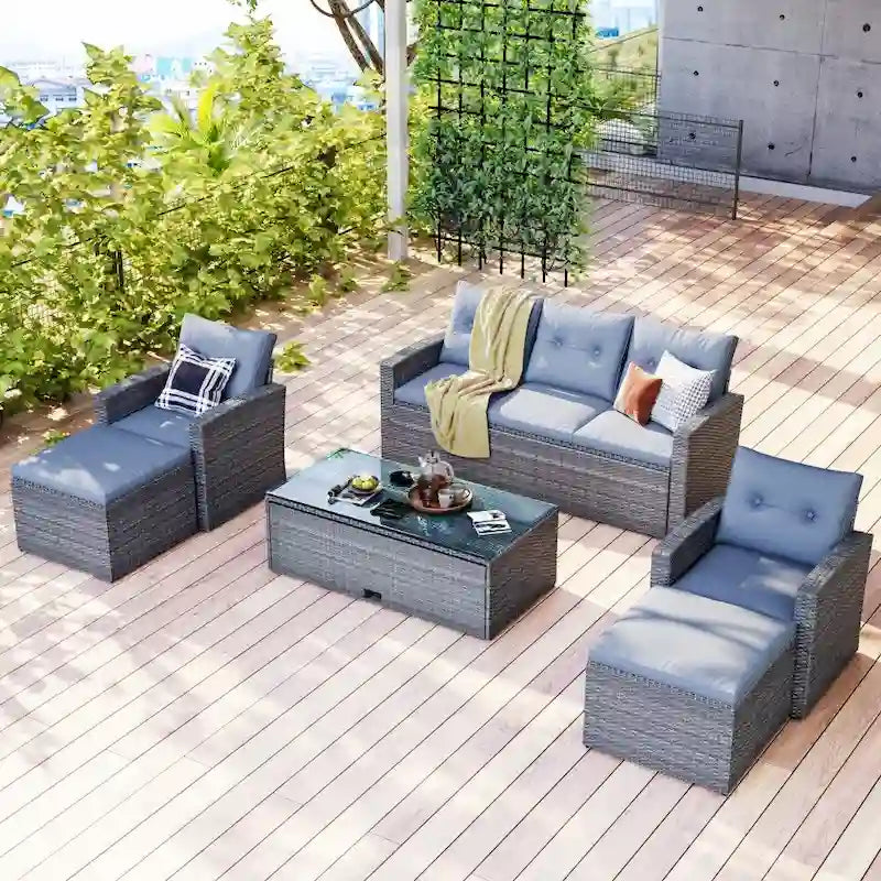 Ensemble de canapés de conversation d'extérieur sectionnels en rotin PE tressé résistant aux intempéries, 6 pièces, avec table basse et coussins