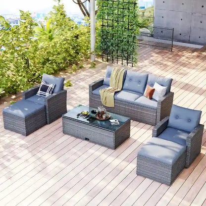 Ensemble de canapés de conversation d'extérieur sectionnels en rotin PE tressé résistant aux intempéries, 6 pièces, avec table basse et coussins