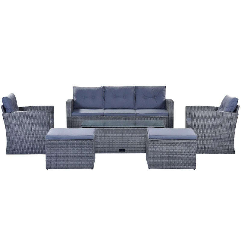 Ensemble de canapés de conversation d'extérieur sectionnels en rotin PE tressé résistant aux intempéries, 6 pièces, avec table basse et coussins