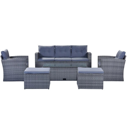 Ensemble de canapés de conversation d'extérieur sectionnels en rotin PE tressé résistant aux intempéries, 6 pièces, avec table basse et coussins
