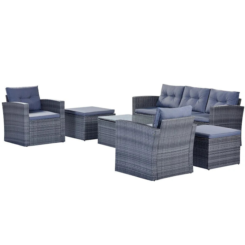 Ensemble de canapés de conversation d'extérieur sectionnels en rotin PE tressé résistant aux intempéries, 6 pièces, avec table basse et coussins