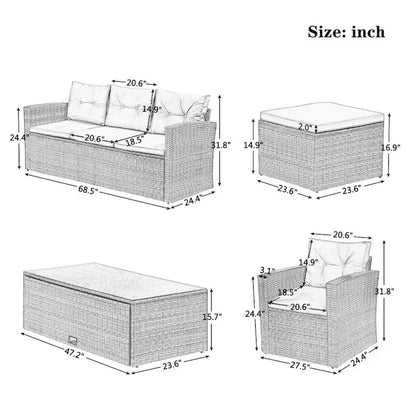 Ensemble de canapés de conversation d'extérieur sectionnels en rotin PE tressé résistant aux intempéries, 6 pièces, avec table basse et coussins