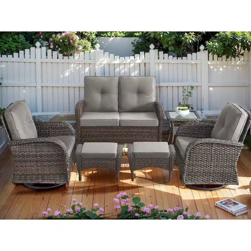 Canapé-balancelle de patio et fauteuil pivotant avec repose-pieds - Marron