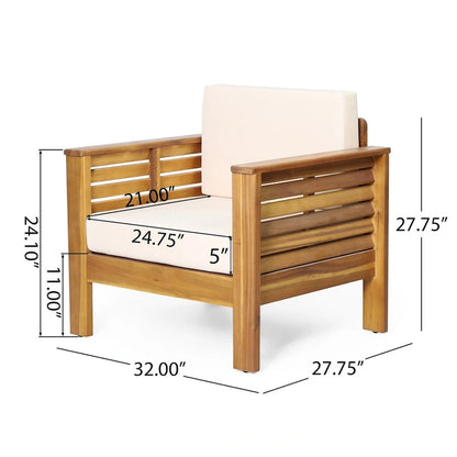 Causeuse et table basse en bois de teck et d'acacia avec coussins crème