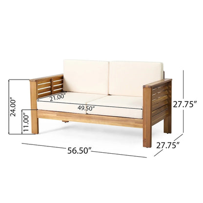 Causeuse et table basse en bois de teck et d'acacia avec coussins crème