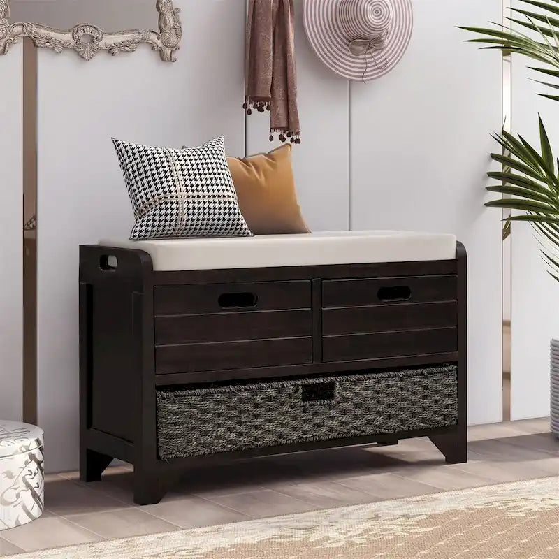 Wood Storage Bench with 2 Woven Baskets by Harper&Bright Designs