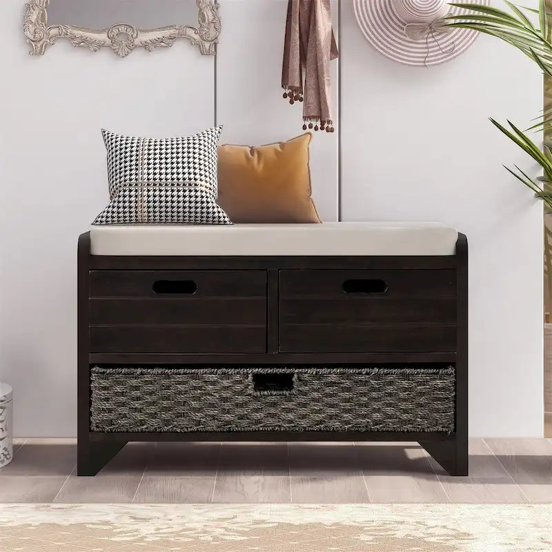 Banc de rangement en bois avec 2 paniers en rotin tressé amovibles, style ferme