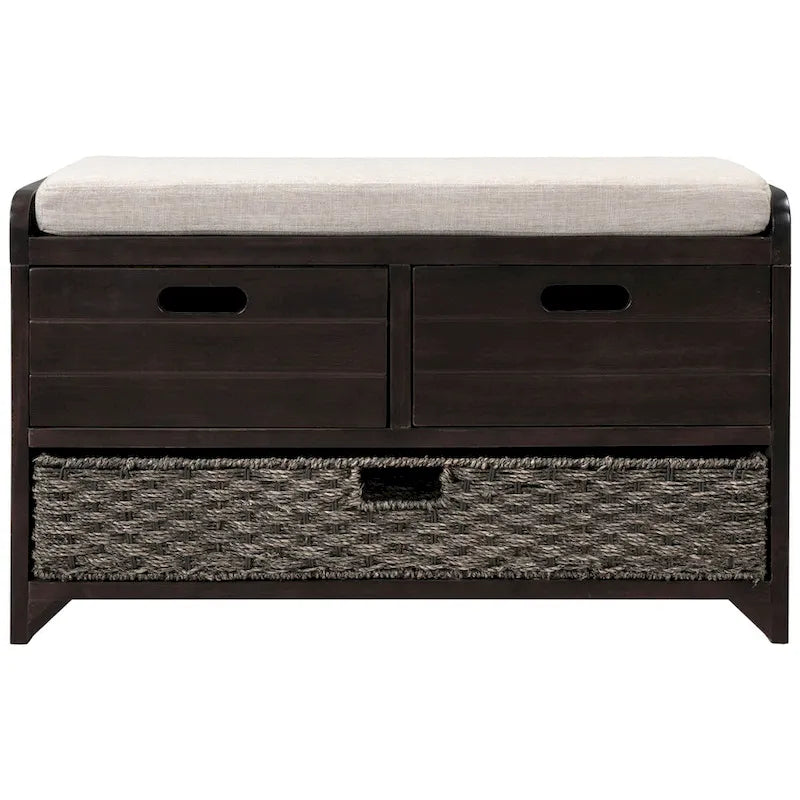 Banc de rangement en bois avec 2 paniers en rotin tressé amovibles, style ferme