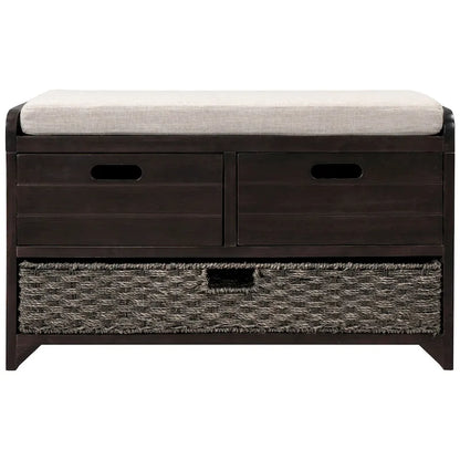 Banc de rangement en bois avec 2 paniers en rotin tressé amovibles, style ferme