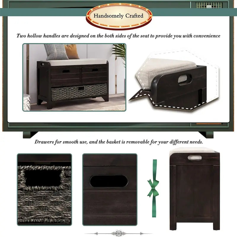 Banc de rangement en bois avec 2 paniers en rotin tressé amovibles, style ferme