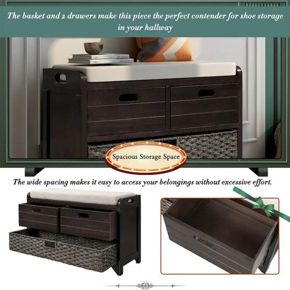 Banc de rangement en bois avec 2 paniers en rotin tressé amovibles, style ferme