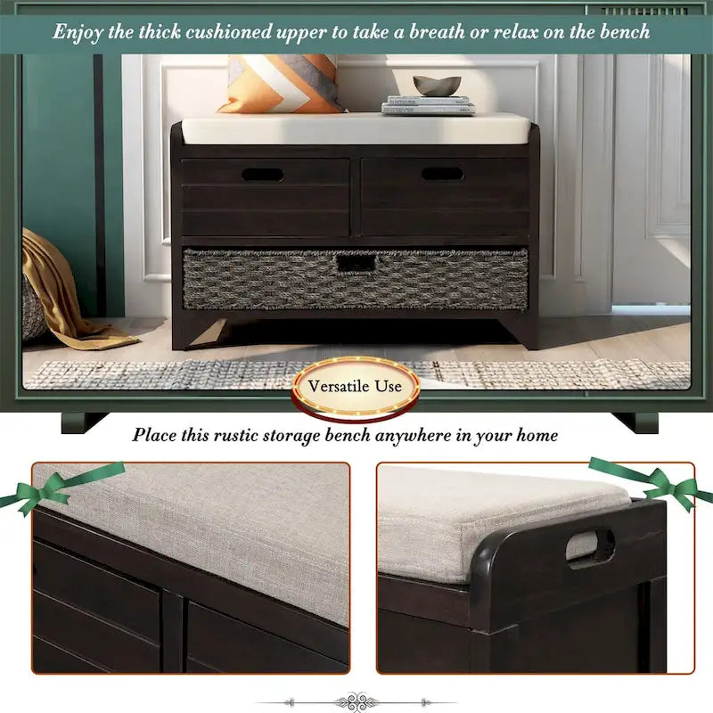 Banc de rangement en bois avec 2 paniers en rotin tressé amovibles, style ferme