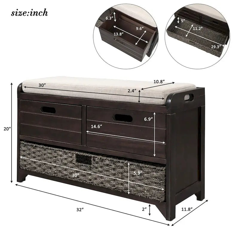 Banc de rangement en bois avec 2 paniers en rotin tressé amovibles, style ferme