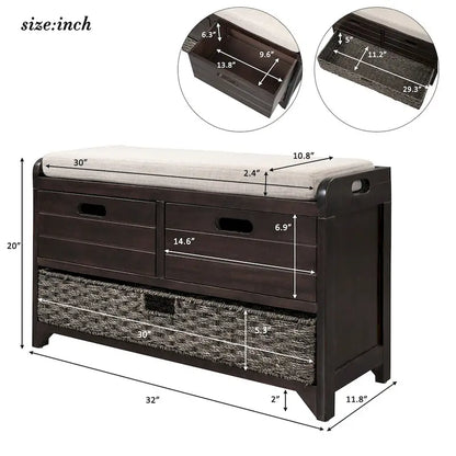 Banc de rangement en bois avec 2 paniers en rotin tressé amovibles, style ferme