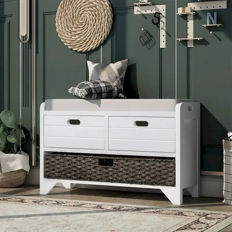 Banc de rangement en bois avec 2 paniers en rotin tressé amovibles, style ferme