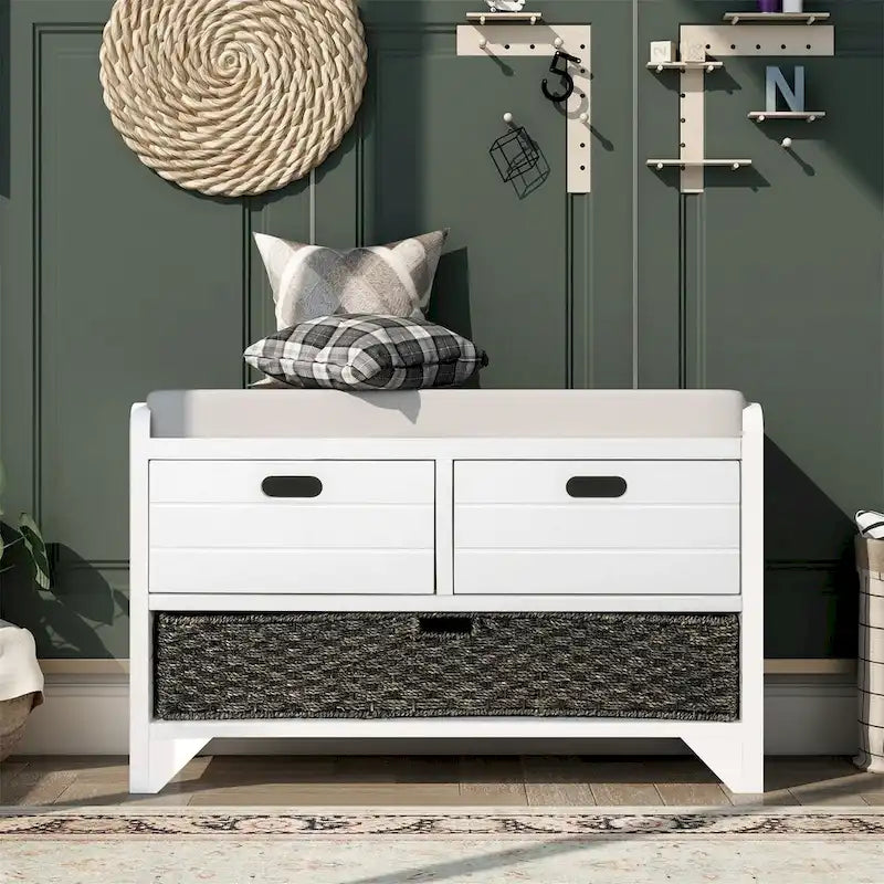 Banc de rangement en bois avec 2 paniers en rotin tressé amovibles, style ferme