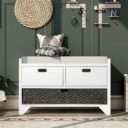 Banc de rangement en bois avec 2 paniers en rotin tressé amovibles, style ferme
