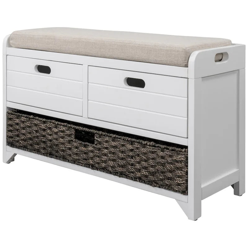 Banc de rangement en bois avec 2 paniers en rotin tressé amovibles, style ferme