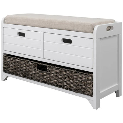Banc de rangement en bois avec 2 paniers en rotin tressé amovibles, style ferme