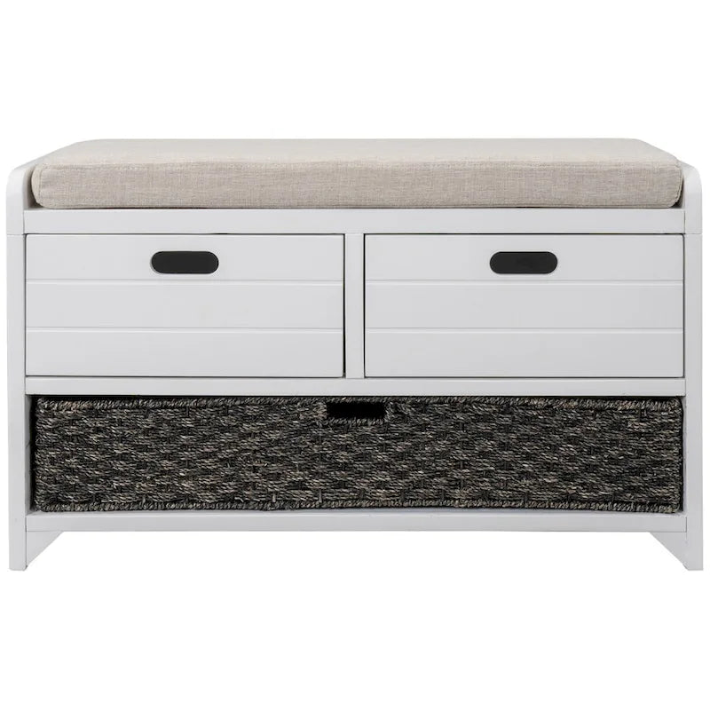 Banc de rangement en bois avec 2 paniers en rotin tressé amovibles, style ferme