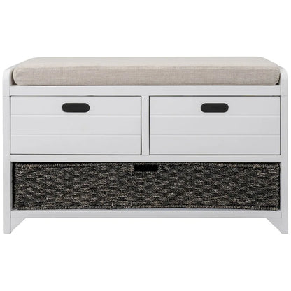 Banc de rangement en bois avec 2 paniers en rotin tressé amovibles, style ferme
