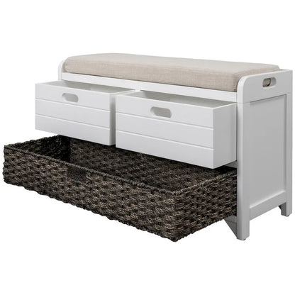 Banc de rangement en bois avec 2 paniers en rotin tressé amovibles, style ferme