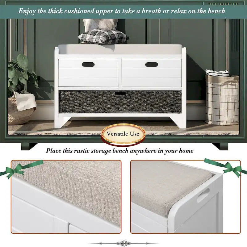 Banc de rangement en bois avec 2 paniers en rotin tressé amovibles, style ferme