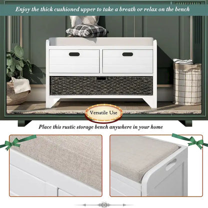 Banc de rangement en bois avec 2 paniers en rotin tressé amovibles, style ferme