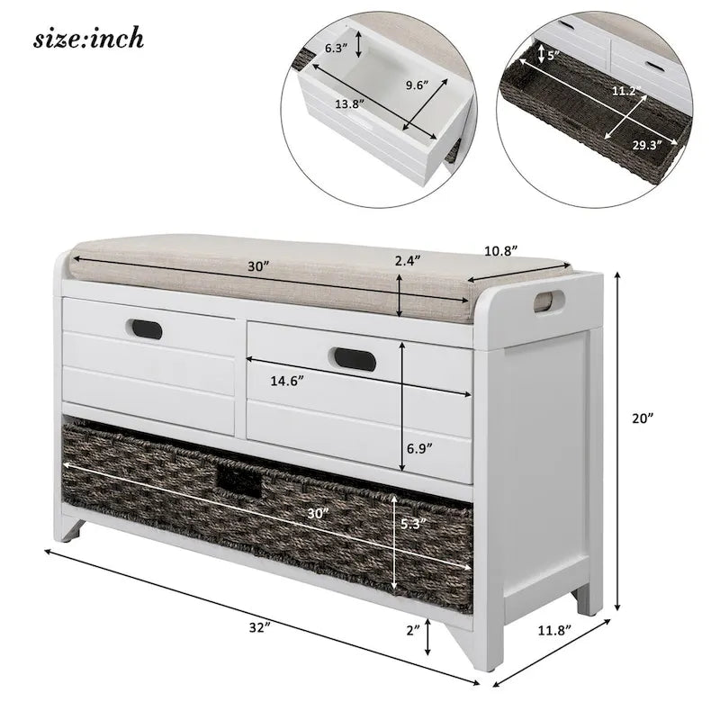 Banc de rangement en bois avec 2 paniers en rotin tressé amovibles, style ferme